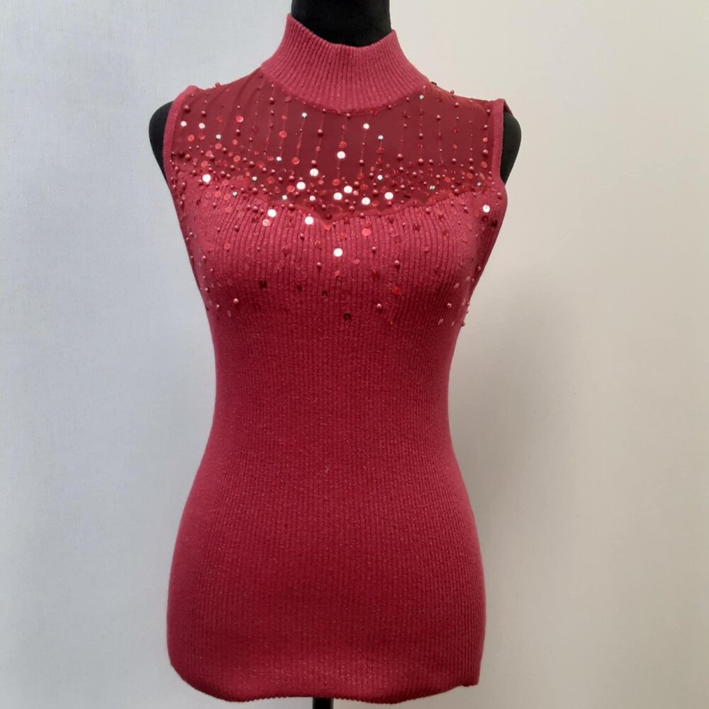 Lauren Michelle Women's Medium Red Cotton Mock Neck Sleeveless Knit Sweater